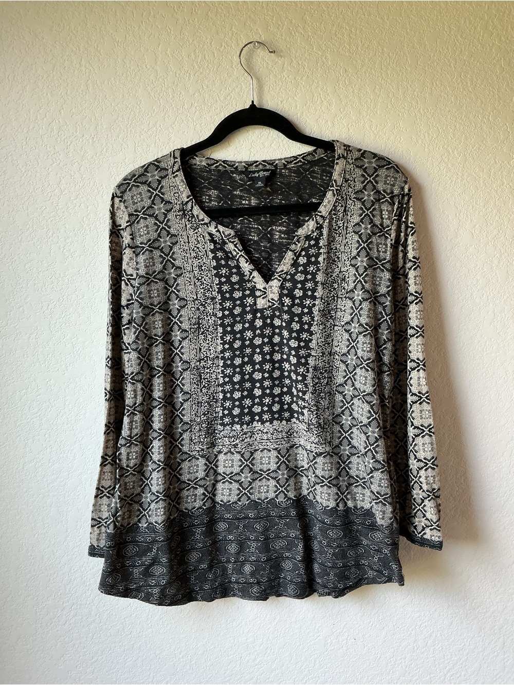 Lucky Brand Black and Cream Boho Long-Sleeve Tunic